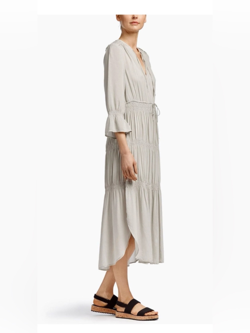 James Perse Pleated Chiffon Gray Tiered Midi Dress